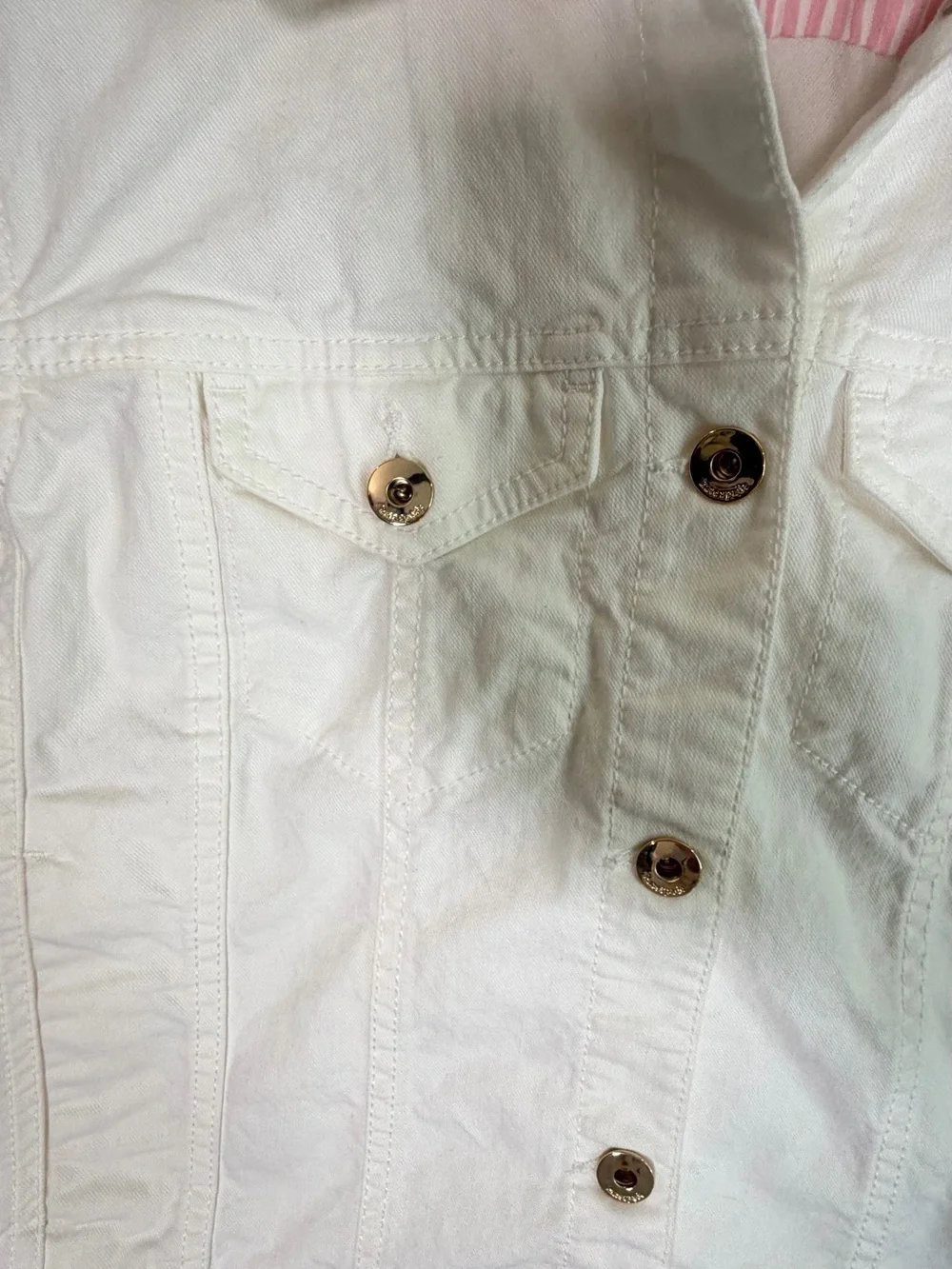 Kate Spade New York White Denim Jean Jacket M Pink Stripe Cuffs Gold Buttons